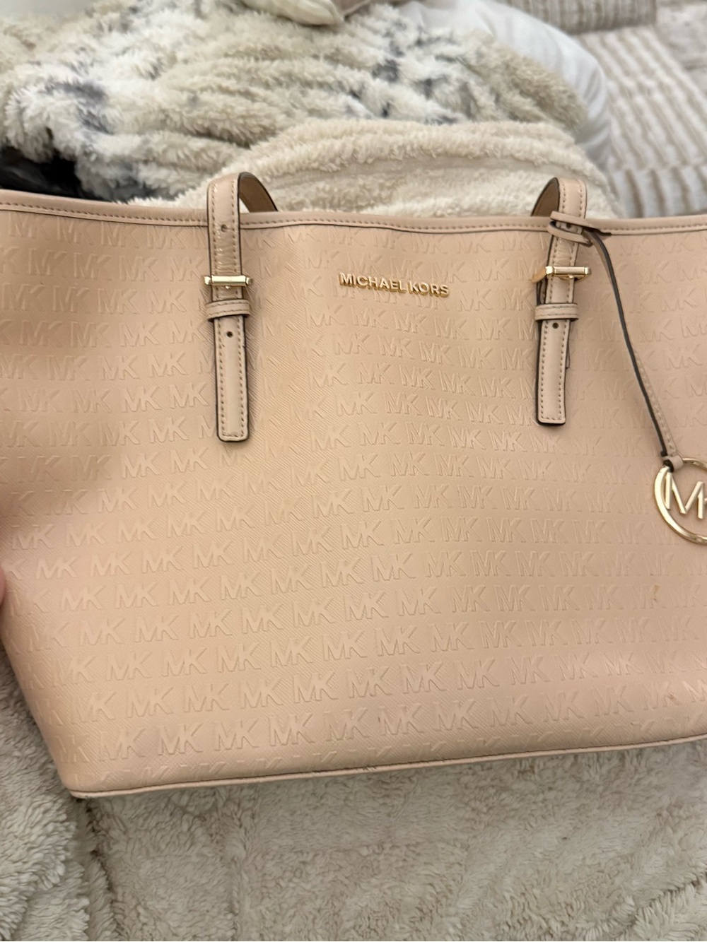 Michael Kors Large Nude Beige Embossed MK Logo Tote with Gold Hardware